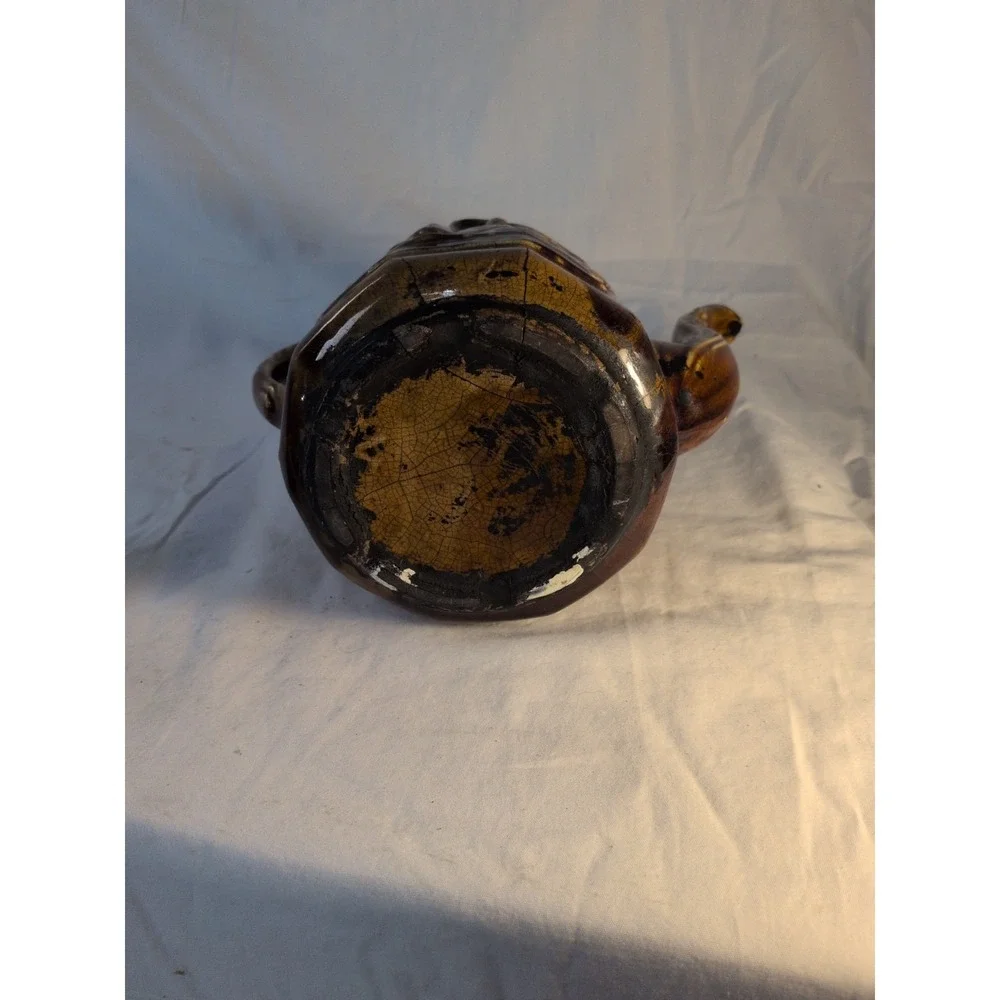 Vintage Brown Drip Glaze Teapot w/ Infuser Insert Relief Scene Japan Style Crack